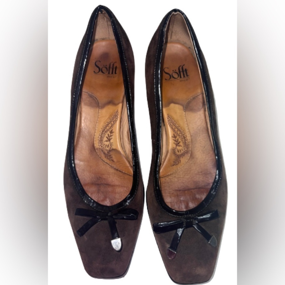 Sofft Shoes “Bow Dress Pumps Brown Suede Leather Block Heel”